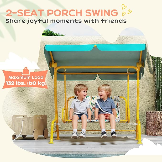Qaba Kids Patio Swing, 2-Seater Outdoor Porch Swing Chair with Adjustable Canopy, Safety Belt - Photo 4