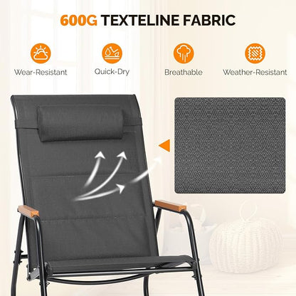VINGLI Outdoor Rocking Chair, 450lbs Capacity Portable Outdoor Rocker with Footrest, Hard Armrests, Pillow, All Weather Porch Rocker for Garden, Living Room, Patio, Lawn (Black, with footrest)
