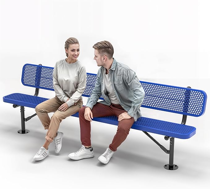 Heavy-Duty Outdoor Metal Bench, Thermoplastic-Coated, Surface, Weatherproof, Commercial-Grade for Parks, Gardens, Patios, Stores & More (8 Ft - Surface with Back, Blue)