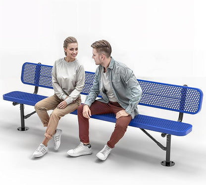Heavy-Duty Outdoor Metal Bench, Thermoplastic-Coated, Surface, Weatherproof, Commercial-Grade for Parks, Gardens, Patios, Stores & More (8 Ft - Surface with Back, Blue)