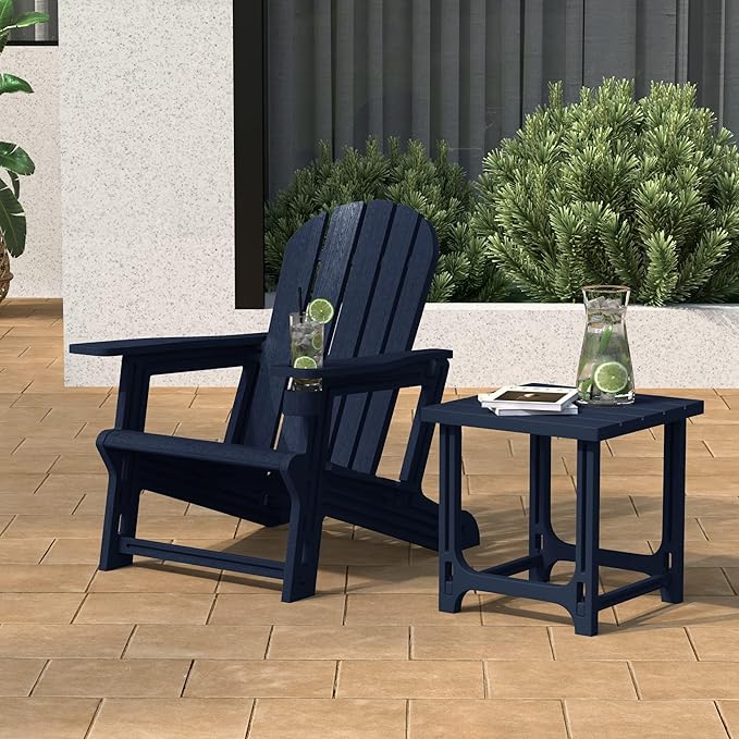 Costaelm Cayman 2-Piece HDPE Plastic Adirondack Patio Chair Set with 18" Side Table, Navy Blue