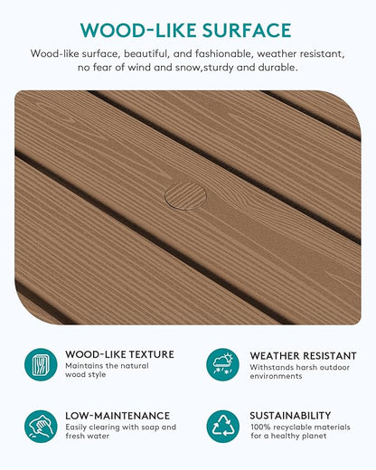 SERWALL Outdoor Coffee Table with 9FT Umbrella, HDPE Patio Coffee Table for Outside, Rectangle, Brown(Not Include Umbrella Base)