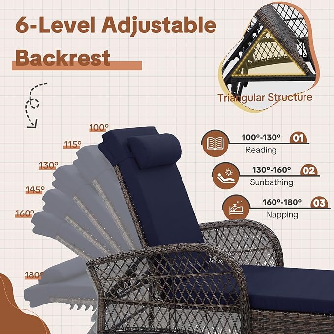 HOMEDIARY 2-Piece Outdoor Wicker Lounge Chairs with Cushion, Rattan Patio Chaise Loungers with 6-Level Backrest - Photo 3