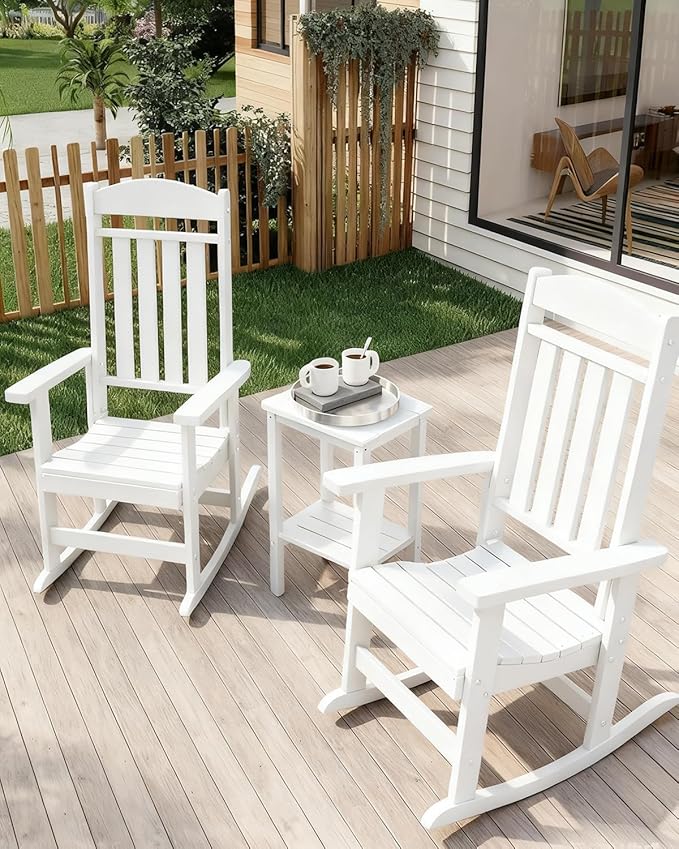 3-Piece Outdoor Rocking Chair Set, Oversized Porch Rocking Chair Set of 2 with Side Table, Suitable for Patio, Porch, Backyard