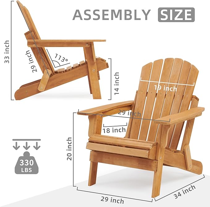 Oversize Wooden Outdoor Folding Adirondack Chair with Pre-Assembled BackRest & SeatBoard, Wood Patio Chair for Garden Backyard Porch Pool Deck Firepit