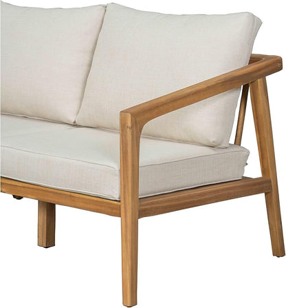 Merax 1 Piece Patio Outdoor Furniture Set, All-Weather Acacia Wood Lovesear Sofa w/Coushions for Porch, Lawn, Backyard, Balcony Teak+ Beige