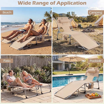 GYMAX Tanning Chair with Face Hole, Sun Bathing Lounge Chairs for Outside with Side Pocket, Folding Portable Face Down Layout Tanning Chair Beach, Backyard, Poolside, Lawn (Sand,2)