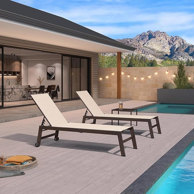 PURPLE LEAF Outdoor Chaise Lounge Chair Set of 2, Patio Pool Textilene Loungers with Adjustable Backrest and Wheels, Includes Side Table for Deck, Lawn, Garden, Cream