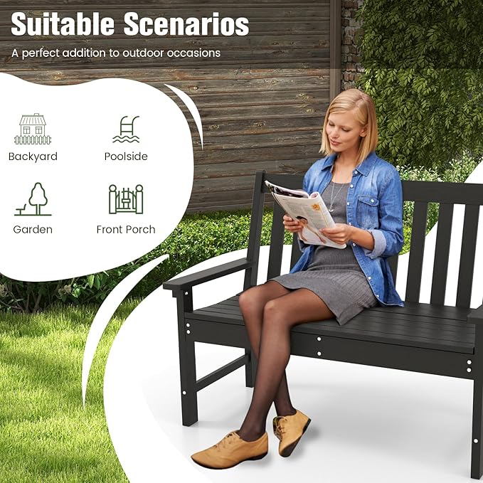 Tangkula HDPE Outdoor Garden Bench with Backrest, 2-Person All-Weather Patio Loveseat Chair with Slatted Seat, 705 lbs Weight Capacity, Patio Benches for Balcony, Garden, Porch, Backyard & Park, Black