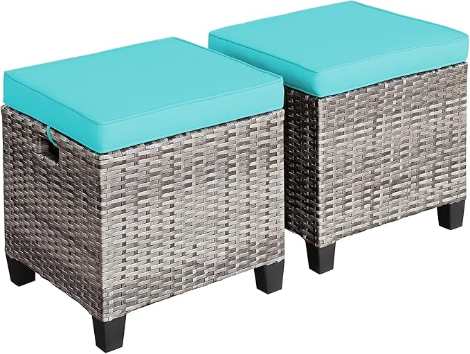 Tangkula 2 Pieces Patio Rattan Ottomans, Outdoor Wicker Footstool Footrest Seat with Soft Cushions and Steel Frame - Photo 1