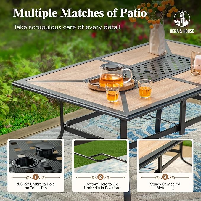 HERA'S HOUSE Patio Dining Table with Umbrella Hole for 6, Rectangle Outdoor Metal Table for Lawn Garden Backyard - Photo 5
