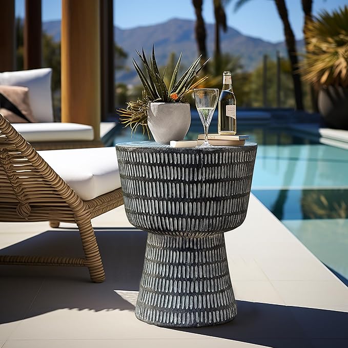 LuxenHome Outdoor Accent Side Table, 15'' Black Round Spiral Pattern End Table - Photo 1