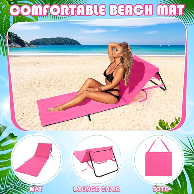 2 Pack Folding Beach Lounge Chair for Adults Couple Portable Sun Lounger Lightweight Tanning Mat with Storage Pocket Adjustable Position Lawn Chairs Patio Chaise Outdoor Sunbathing Camping
