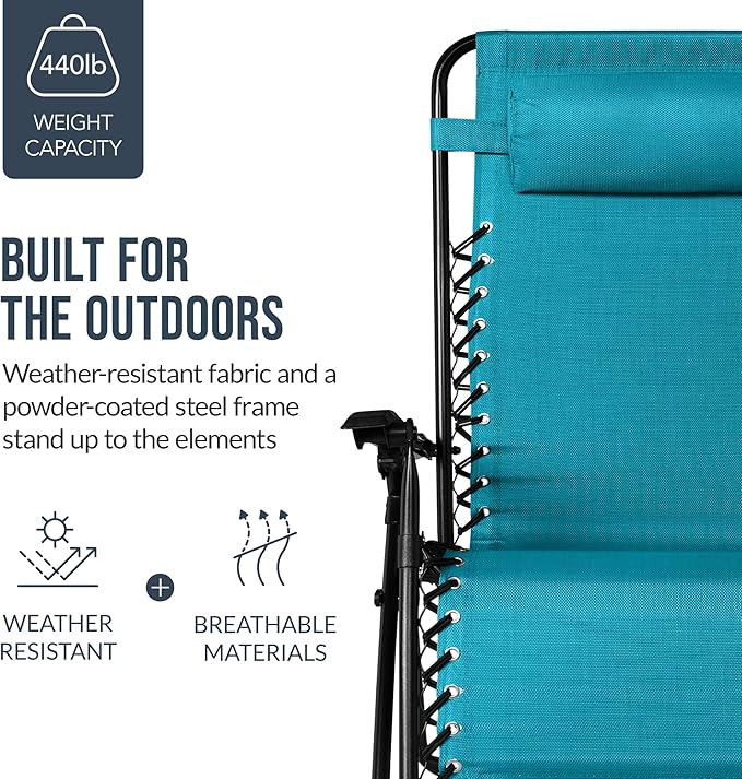 Best Choice Products Set of 2 Extra Wide Adjustable Steel Mesh Zero Gravity Lounge Chair Recliners w/Pillows and Cup - Photo 6