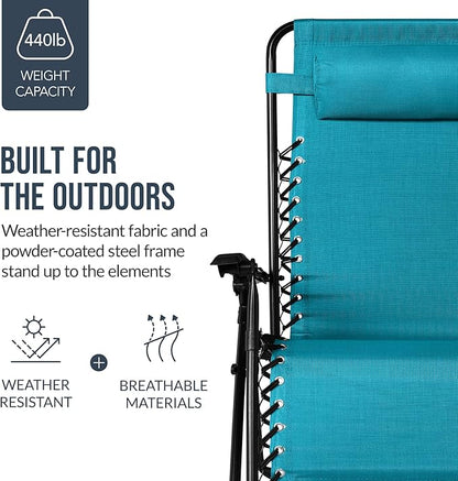 Best Choice Products Set of 2 Extra Wide Adjustable Steel Mesh Zero Gravity Lounge Chair Recliners w/Pillows and Cup Holder Trays - Peacock Blue