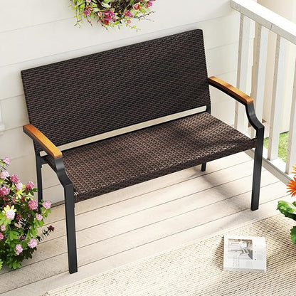 Tangkula Stackable Patio Wicker Loveseat Bench, 2-Person Rattan Outdoor Bench with Acacia Wood Armrests & Metal Frame, Rattan Conversation Furniture for Backyard, Garden, Balcony, Porch (2,Mix Brown)