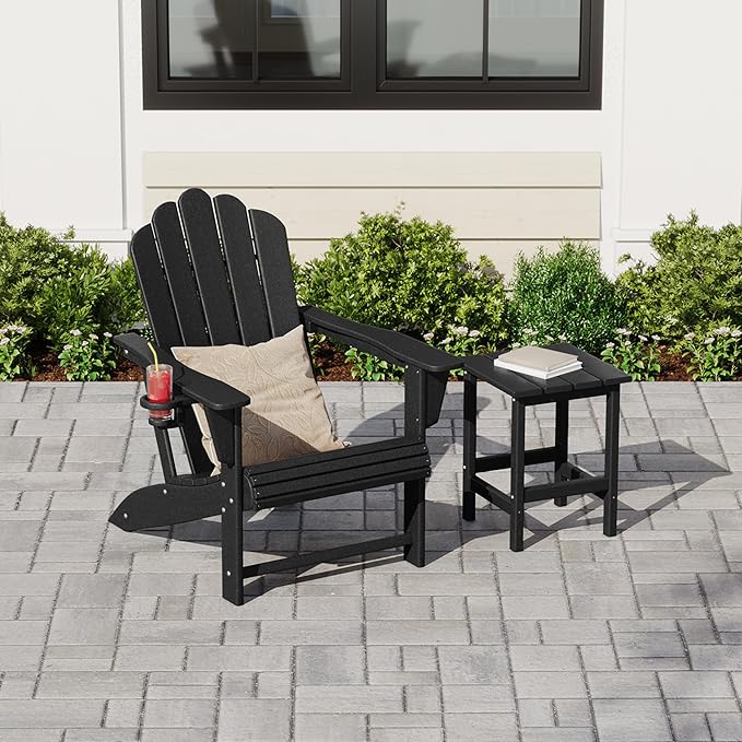 Costaelm Lakeview Outdoor Patio HDPE Adirondack Chair with Cup Holder and Table Set, Black