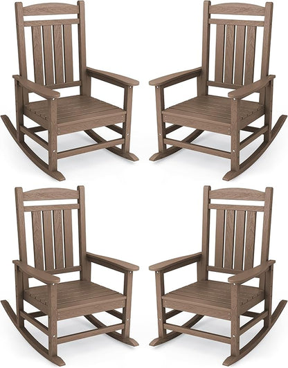 KINGYES HDPE Outdoor Rocking Chair Set of 4, Widened Seat Patio Rocking Chair, Oversized All Weather Patio Rocker, Brown