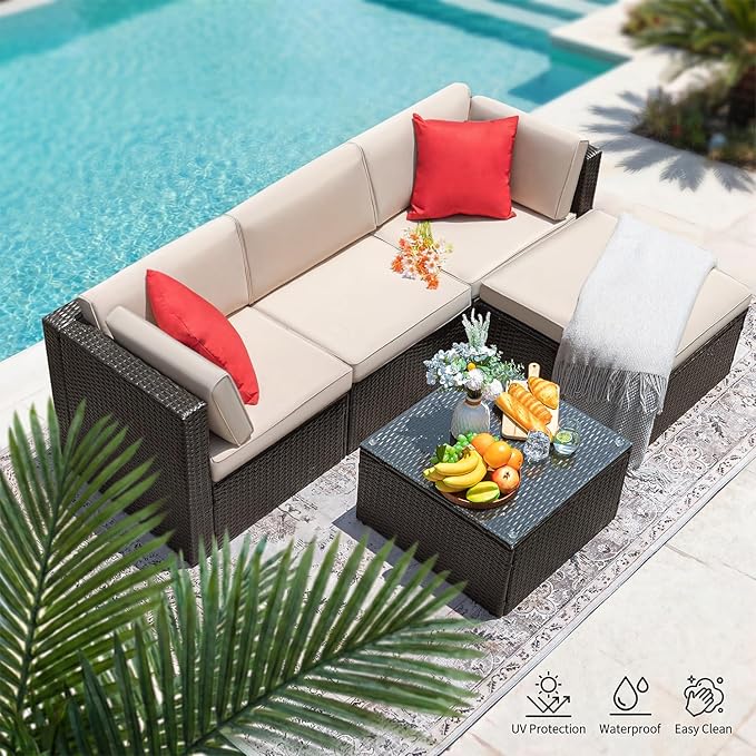 Devoko 5 Pieces Patio Furniture Sets All Weather Outdoor Sectional Patio Sofa Manual Weaving Wicker Rattan Patio Seating Sofas with Cushion and Glass Table (Beige)