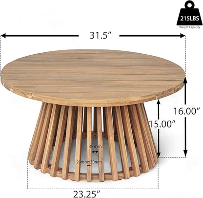 Christopher Knight Home Hakee Acacia Wood Patio Coffee Table, Round Coffee Table with Unique Wooden Base, Stylish Indoor/Outdoor Table, Easy Assembly, 31.5" x 31.5" x 16", Light Teak