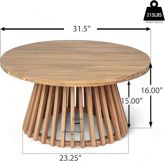 Acacia Wood Patio Coffee Table, Patio Outdoor Acacia Wood Round Coffee Table for Backyard, Lawn, Balcony, Teak Finish, Light Teak