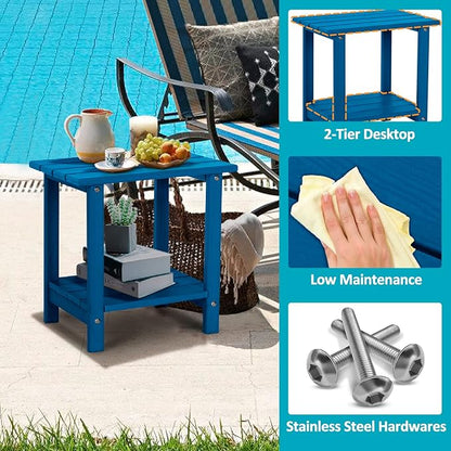 2 Tier Outdoor Side Table with Wood-Like Grain, 16.6" HDPE Adirondack Table Patio Side Table, Weather Resistant End Table for Pool, Patio & Porch, Small Outdoor Table(Navy Blue, Rectangle)