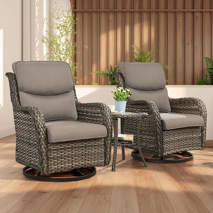 Rilyson Wicker Rocking Chair Swivel Chairs - 3 Piece Rocker Patio Furniture Set Rattan Rocking Bistro Sets with Glass - Photo 1