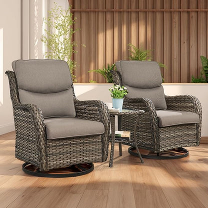 Rilyson Wicker Rocking Chair Swivel Chairs - 3 Piece Rocker Patio Furniture Set Rattan Rocking Bistro Sets with Glass Top Side Table for Outdoor Porch Deck Garden Backyard (Mixed Grey/Grey/Smile)