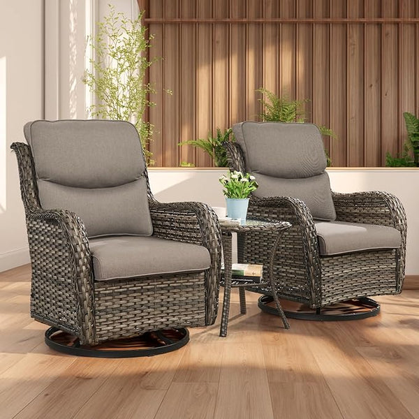 Rilyson Wicker Rocking Chair Swivel Chairs - 3 Piece Rocker Patio Furniture Set Rattan Rocking Bistro Sets with Glass - Photo 1
