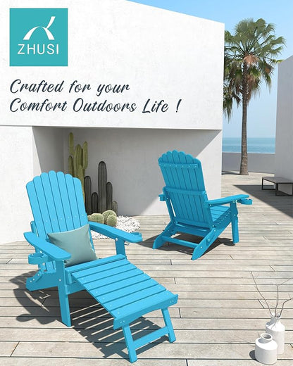 ZHUSI Folding Adirondack Chairs Set of 6 with Retractable Ottoman, Adjustable Adirondack Chair with 2 Cup Holders, Outdoor Chairs for Porch Patio Lawn Balcony Weather Resistant, Lake Blue