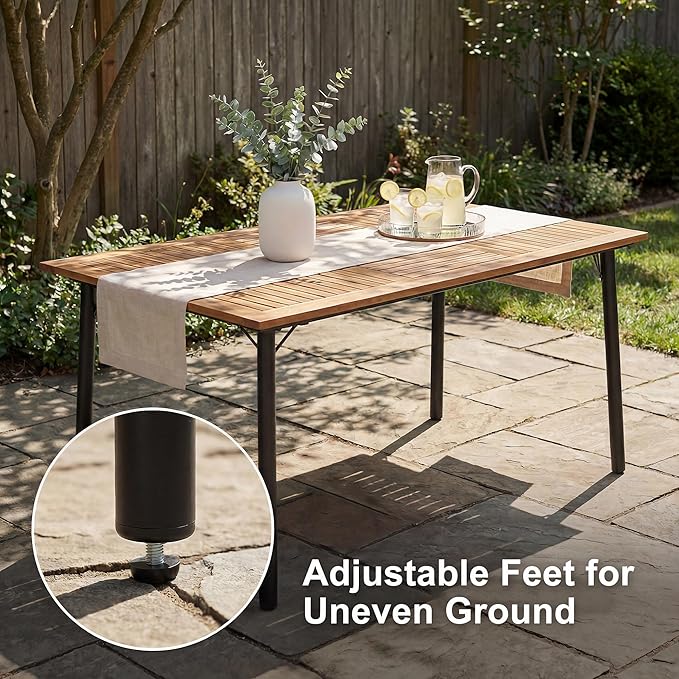 Flamaker Acacia Wood Patio Outdoor Dining Table for 6, Outdoor Table with Umbrella Hole and Metal Legs for Garden - Photo 6