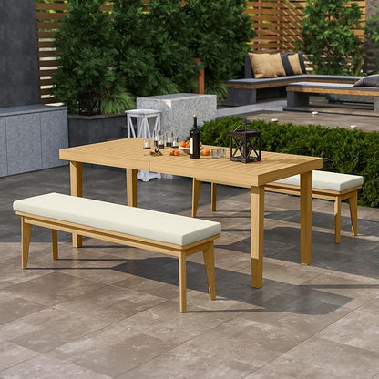 2-Piece Backless Patio Bench, Acacia Wood Dining Bench with Cushion for Outdoor Porch, Backyard, Garden, Lawn, Beige