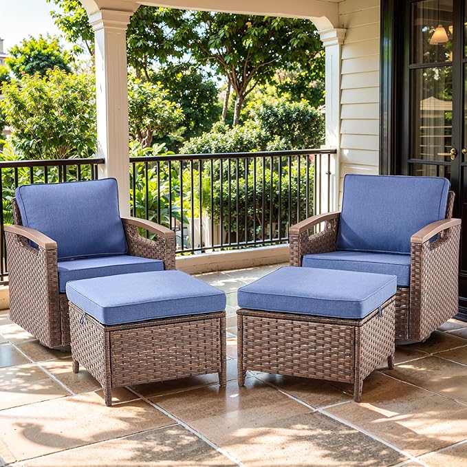 Luxury Outdoor Swivel Rocker Patio Chairs with 2 Ottomans - 4 Piece Heavy Duty Furniture Set All Weather Wicker - Photo 1