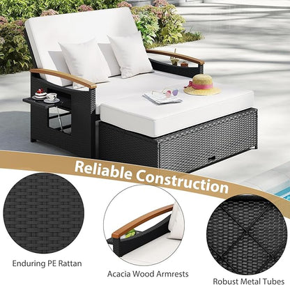 Moccha Outdoor Wicker Daybed, Patio Rattan Loveseat Sofa w/ 4-Level Adjustable Backrest, Folding Panels, Storage Ottoman & Cushions, Lounge Furniture Set for Poolside Backyard Porch (White & Black)