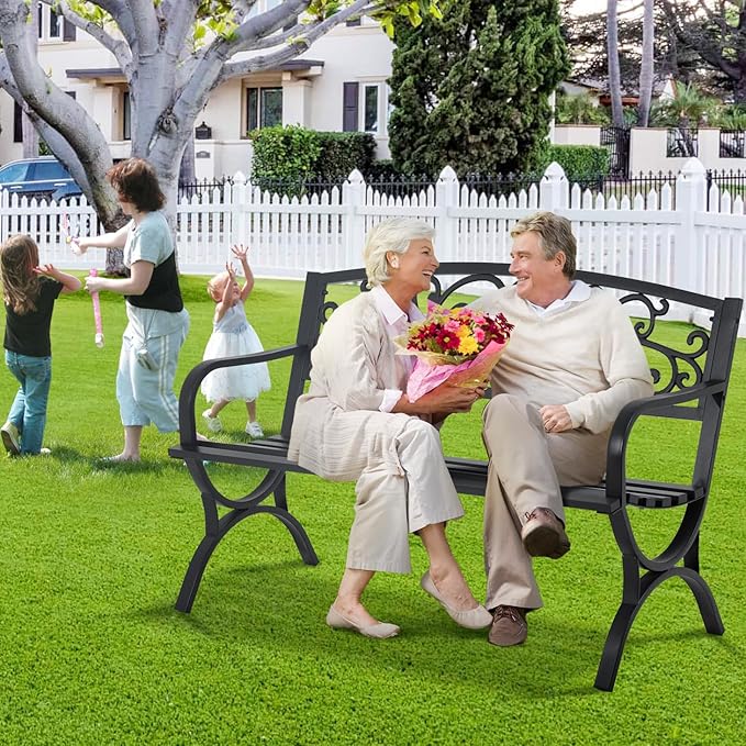 50" Black Metal Garden Bench - 2-Person Outdoor Loveseat with Floral Design, 485 lbs Capacity for Patio, Porch & Yard
