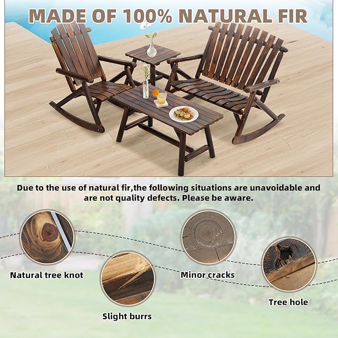 4-Piece Outdoor Wood Rocking Bistro Set, Rustic Wooden Conversation Set Including 2-Seater Loveseat, 2 Coffee Table, Log Rocker Chair, Patio Furniture Chair Set for Lawn Yard, Carbonized