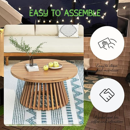 Acacia Wood Patio Coffee Table, Patio Outdoor Acacia Wood Round Coffee Table for Backyard, Lawn, Balcony, Teak Finish, Light Teak