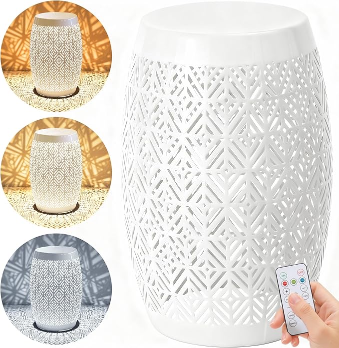 18" Cutout Metal Outdoor Side Table with 3-Mode LED Lights, Modern Decorative Drum End Table - Photo 4