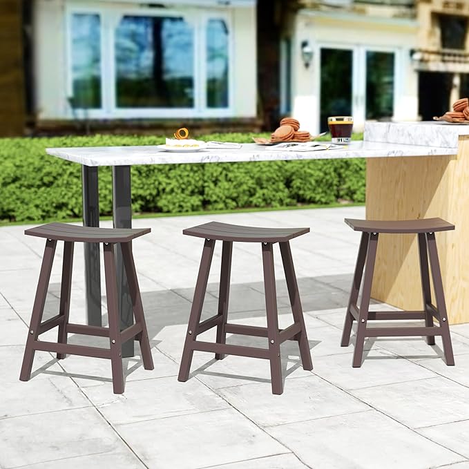 Costaelm All-Weather Bar Stools Set of 3, 24" Height Outdoor Bar Stools, Adirondack Poly Patio Bar Stool for Patio, Deck, Kitchen Counter and Garden, Dark Brown