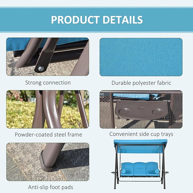 Outsunny 3-Seat Patio Swing Chair, Outdoor Porch Swing Glider with Adjustable Canopy, Removable Cushion - Photo 4