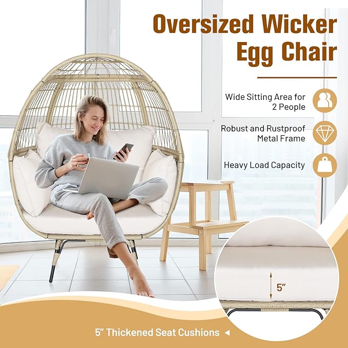 Tangkula PE Wicker Egg Chair, Patiojoy Oversized Indoor Outdoor Patio Lounge Chair with Cushions and Pillows - Photo 6