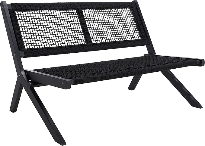 SAFAVIEH Outdoor Collection Kobina Black Acacia Wood/Black Rope Foldable Bench - Photo 4