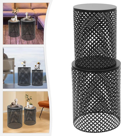 2PCS Outdoor Side Table, Heavy Duty Metal Frame Side Table Decorative Garden Stool Modern End Table Round Coffee Table for Patio Gardens Balconies Cafes (Black)
