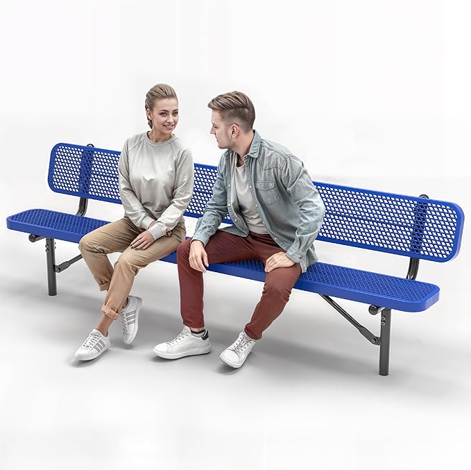 Heavy-Duty Outdoor Metal Bench, Thermoplastic-Coated, Inground, Weatherproof, Commercial-Grade for Parks, Gardens, Patios, Stores & More (8 Ft - Inground with Back, Blue)