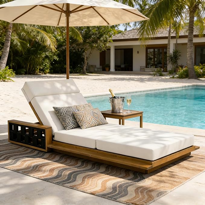 Merax Acacia Wood Patio Chaise Lounge Set of 2, Outdoor Reclining Chairs with 4-Position Adjustable Backrest - Photo 10