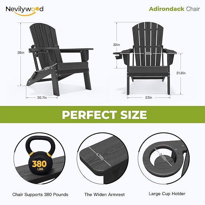 nevilywood HDPE Folding Adirondack Chair Set of 2,Waterproof All-Weather Outdoor Design with Cup Holder,Suitable for Patio for Fire Pit, Patio & Beach, Black