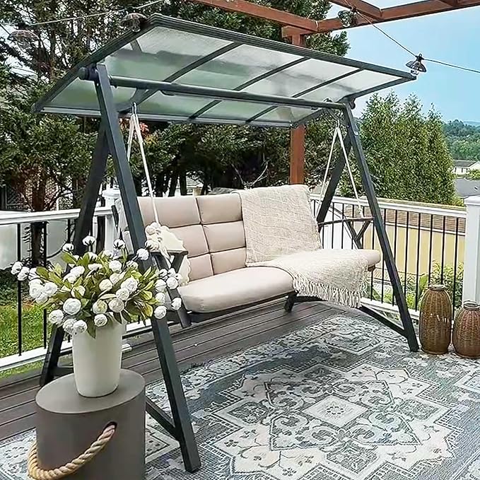 PURPLE LEAF Porch Swing 3 Person Patio Swing Chair with PVC Canopy Outdoor Deluxe Modern Yard Hammock Swinging Chairs w/Solar LED Light and Cushions for Backyard Glider Outside Loveseat Bench