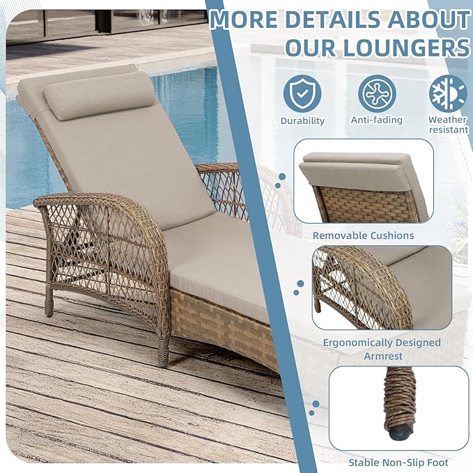 Outdoor Chaise Lounge Chair Set of 2, PE Wicker Recliner Patio Reclining Sunbathing Chair with Cushion - Photo 8