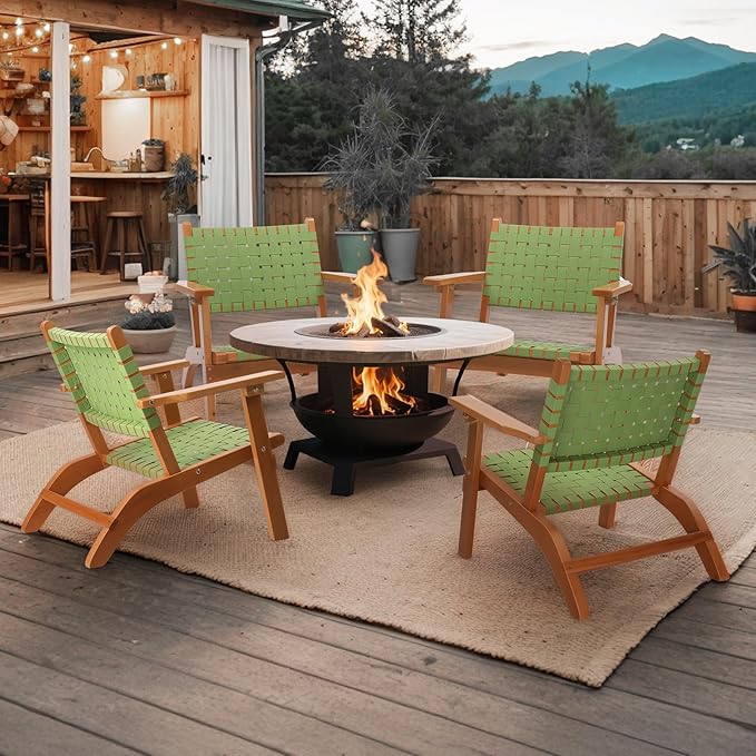 VINGLI Outdoor Armchair, All-Weather Wooden Patio Chair with Waterproof PE Woven Fabric, Adirondack Chair for Garden, Lawn and Poolside (2, Green and Brown)