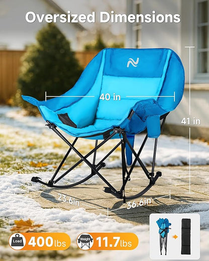 Slsy Oversized Heated Rocking Camping Chair for Adults, 400 lbs Heavy Duty Padded Recliner with Side Pocket, Cup Holder & Carry Bag, Foldable Outdoor Lawn Chair for Patio, Backyard, or Camp